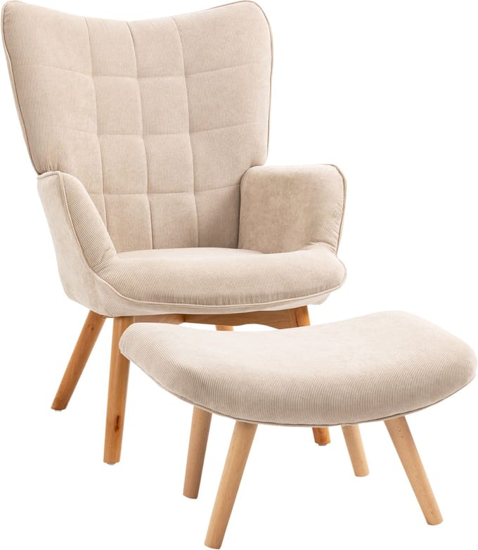 MODFU - Oorfauteuil Met Hocker - Getuft - Klassiek - Ribstof - Beige