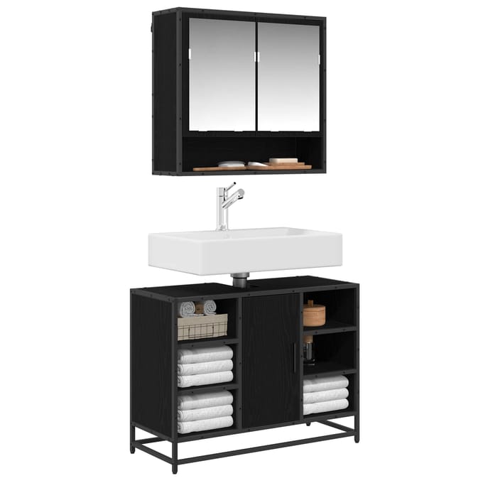 vidaXL - Badkamermeubel - Set - 2 - st - Zwart - Eiken - Bewerkt - hout