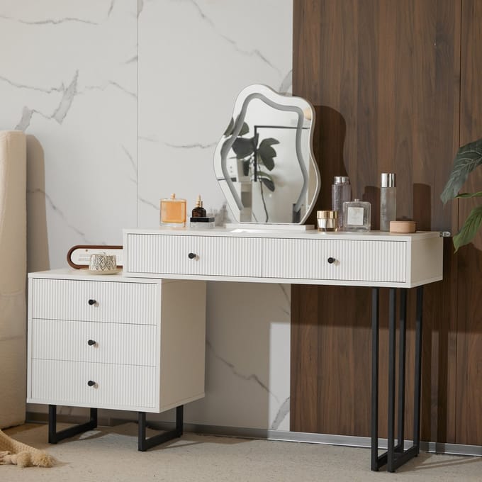 Sweiko Kaptafel - Met LED-spiegel - 5 lades - Uitschuifbaar blad - 100 x 76 x 40 cm - Wit