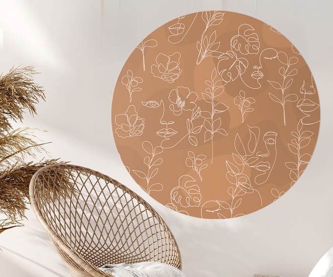 Behangcirkel 100cm Line art faces brown - Wallz