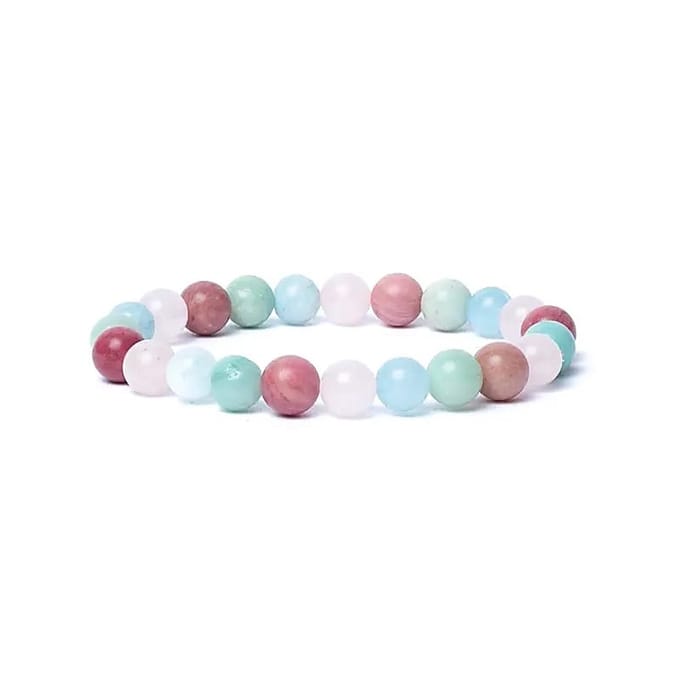Yogi & Yogini - Armband - aquamarijn/ rozenkwarts/ amazoniet/ thuliet - AA kwaliteit elastisch - Mineraal - India