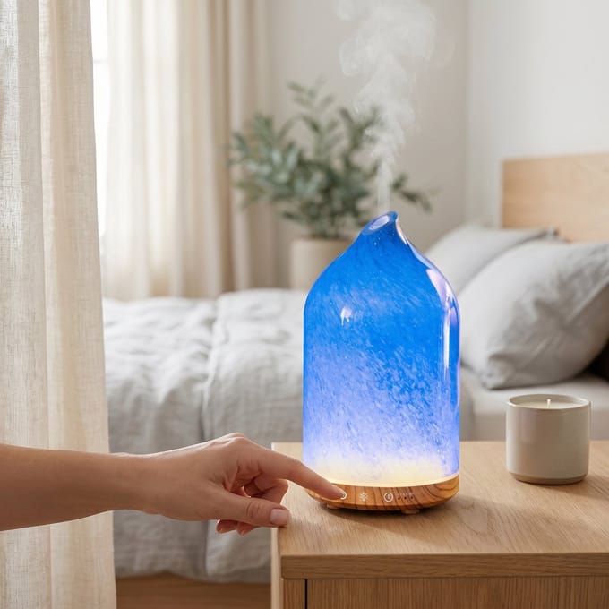 Glazen Aroma Diffuser – 150ML – Ultrasone Luchtbevochtiger – RGB LED Verlichting – Stil – Oplaadbaar Type-C – Essentiële Olie Diffuser – Blauw – MULIN