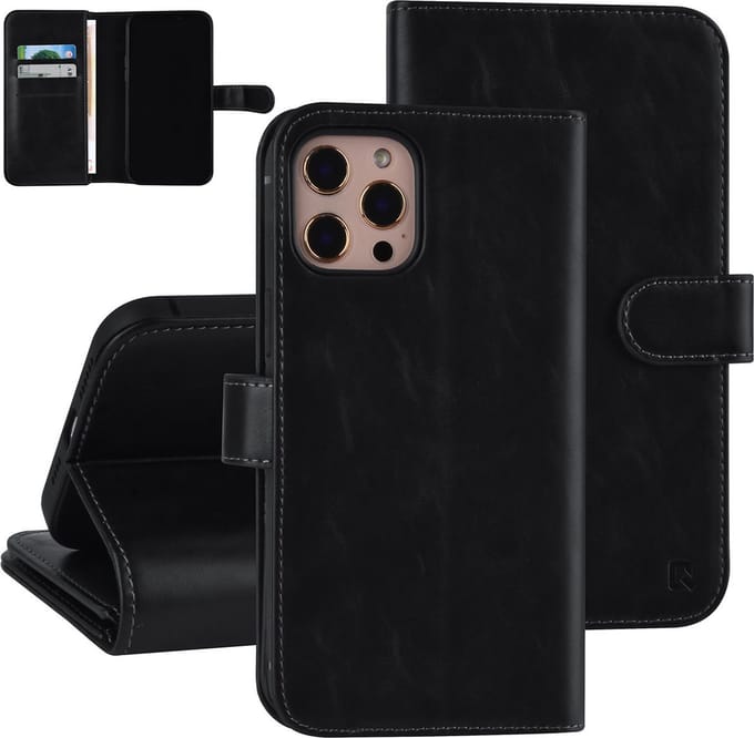 UNIQ Accessory iPhone 12 Pro Max Leren Book Case hoesje - Zwart - Pasjeshouder voor 6 pasjes - Magneetsluiting
