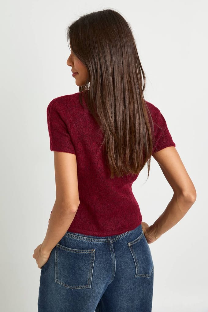 boohoo Dames Getextureerde gebreide crew neck top | Burgundy | Maat: Small
