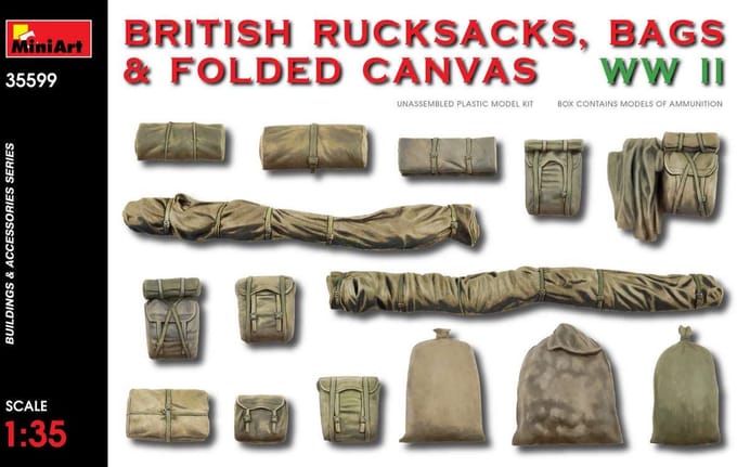 MiniArt Modelbouwpakket Militaire voertuigen - 35599 British Rucksacks, Bags - Folded Canvas WW2 Plastic - 1:35 - Modelbouw
