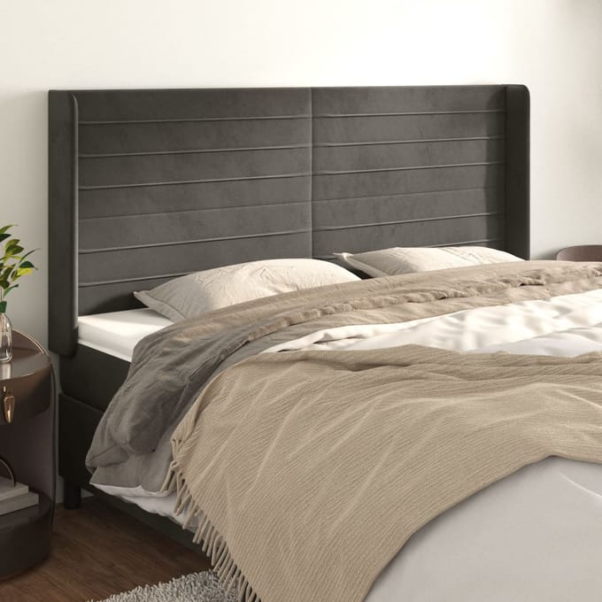 vidaXL - Hoofdbord - met - randen - 203x16x118/128 - cm - fluweel - donkergrijs
