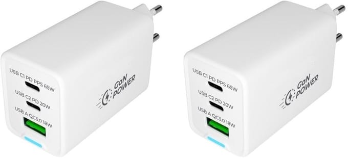 2 stuks OneOne 50W super snellader met 3 poorten. USB A en 2x USB C. Compacte GAN Quick Charge lader. PD PPS oplader adapter past op Apple iPhone 13 Mini, iPhone 13 Pro, iPhone 13 Pro Max, iPhone 14, iPhone 14 Plus, iPhone 14 Pro, iPhone 14 Pro Max