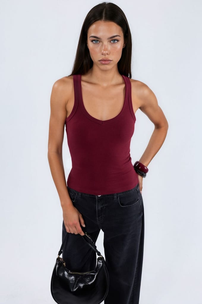 V-hals Geribbelde Tanktop