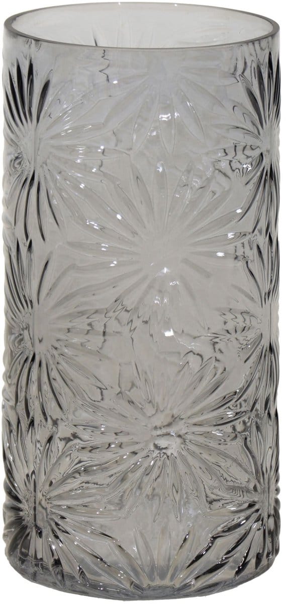 Mega Collections Bloemenvaas Debby - grijs - glas - bloem relief - 15 x 30 cm