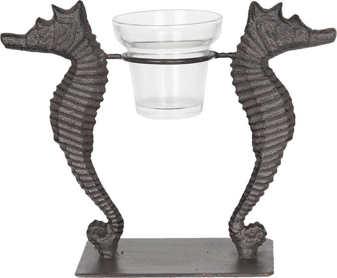 Clayre & Eef Theelichthouder Zeepaardje 22*8*18 cm Bruin Ijzer Glas Waxinelichthouder Windlichthouder