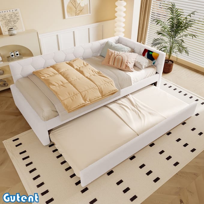 Gutyent Slaapbank-90*200 cm-met lattenbodem (Zonder matras)-met bedlampje-met multifunctioneel uitschuifbed-USB-interface-Type-C-aux wol-Wit