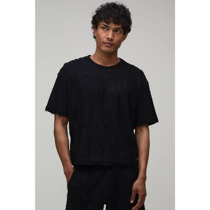 Oversized Boxy Geweven Burn-out T-shirt | Black | Size Small