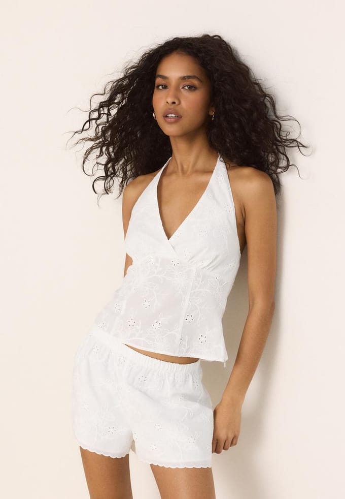 Stradivarius Geborduurde haltertop  Ecru XS