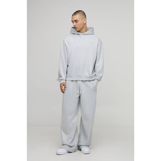Oversized Boxy Rhinestone Hoodie And Wide Leg Jogger | Grey | Size Medium