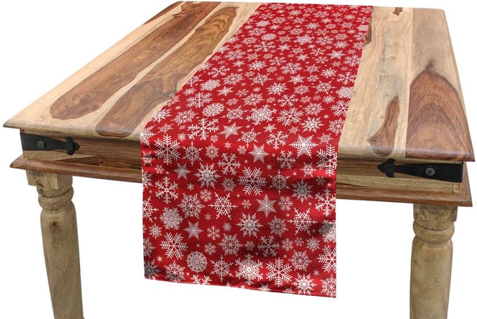 Tafelrok winter – 40x180 cm – wit/rood met sneeuwvlokken