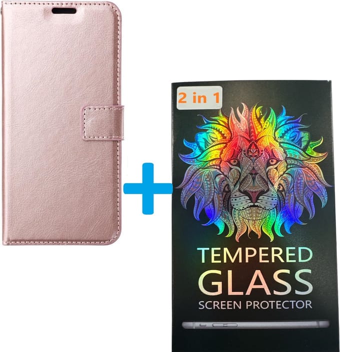 Portemonnee Book Case Hoesje + 2x Screenprotector Glas Geschikt voor: Xiaomi Redmi Note 9 Pro | Note 9S - Rosegoud