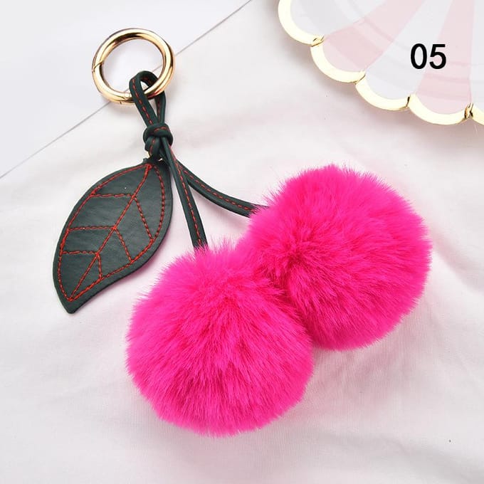 1PC zachte pluche bal sleutelhanger namaakbont kersen auto pompom hanger sleutelhanger wijnrode kleur