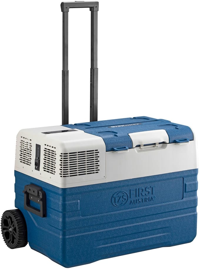 TZS First Austria – Compressor Koelbox 52L – tot −20°C – Bluetooth-app – 45 dB(A) – AC/DC 12V 24V 230V – Campingkoelbox – Blauw/Grijs