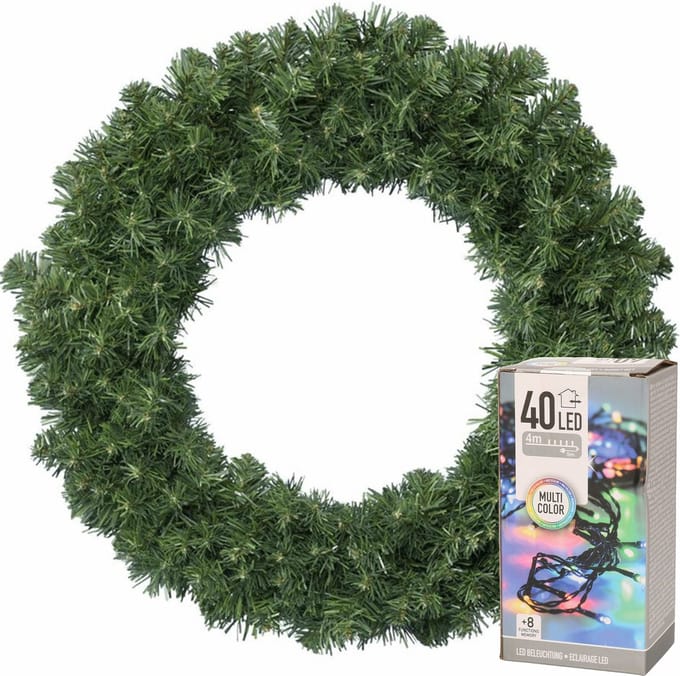 Decoris Kerstkrans - groen - D35 cm - incl. verlichting gekleurd
