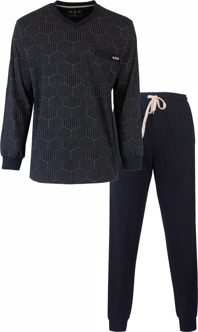 MEQ Heren Pyjama - Geprint Dessin - V Hals - Navy Blauw - Maat L