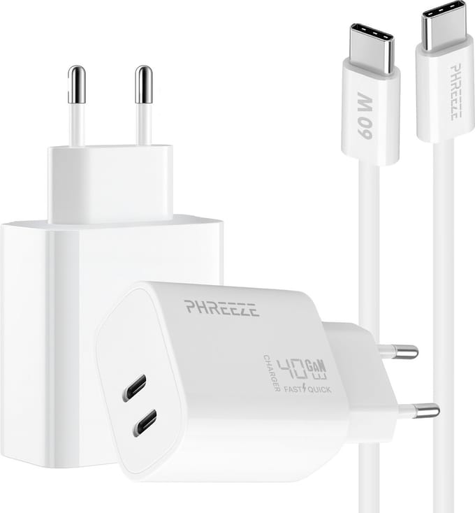 Phreeze usb C oplader 40w met kabel - Snellader met 2 poorten