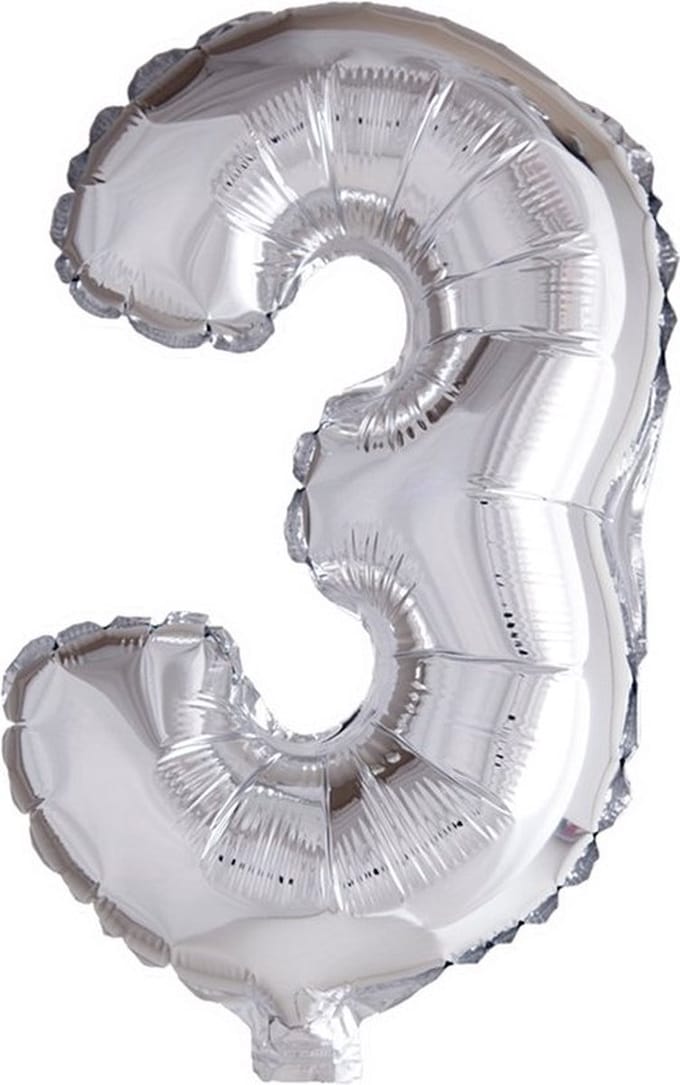 Cijfer ballon nummer '3' zilver folie 40cm geschikt voor Helium