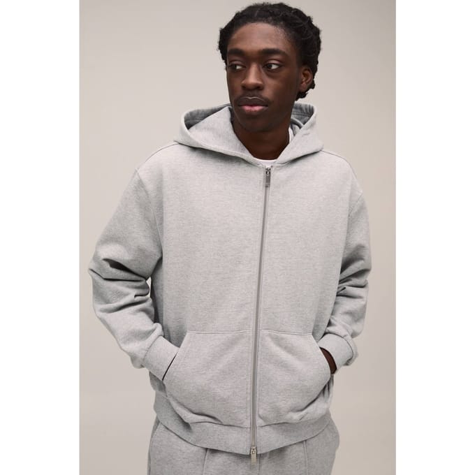 500GSM Heavyweight Oversized Boxy Zip Through Hoodie | Grey Marl | Size Medium