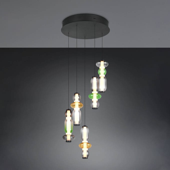 Trio Lighting LED hanglamp Minerva, Ø 42 cm, kleurrijk, glas, CCT, 5-lamps.