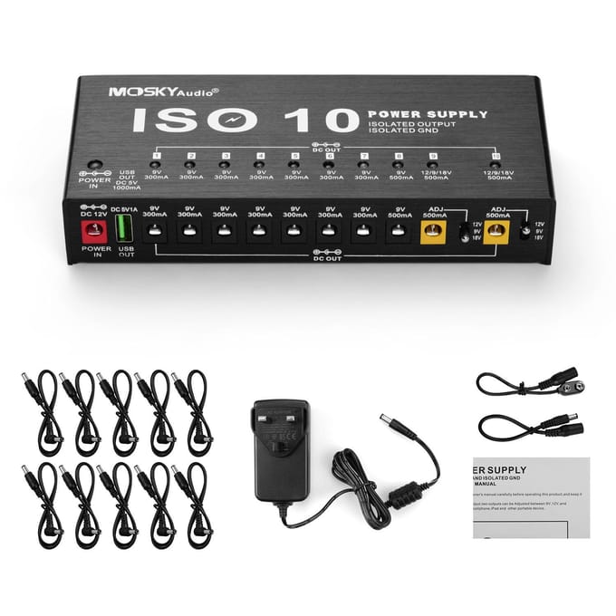 MOSKY ISO-10 Draagbaar Gitaar Effect Voedingsstation 10 Geïsoleerde DC Uitgangen & Eén 5V USB Uitgang US Plug gray