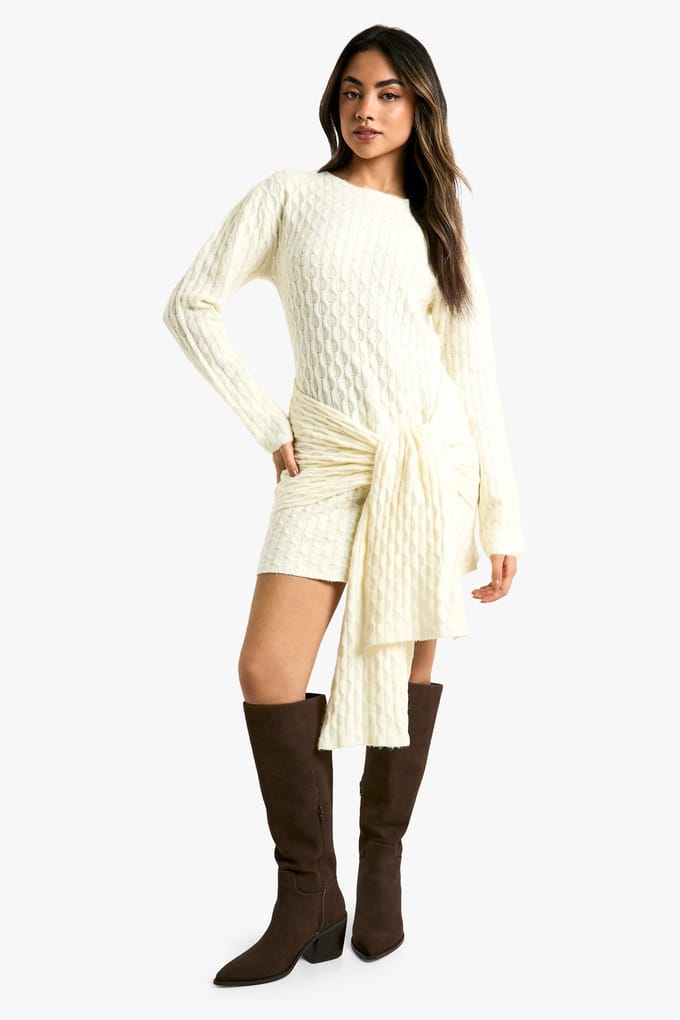 boohoo Dames Soft Cable Oversized Tie Detail Knitted Mini Dress | Creme | Maat: Medium