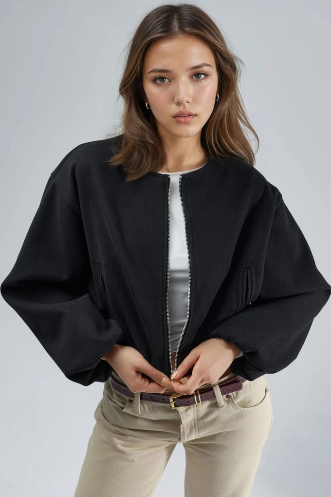 Korte Gabardine Jacket met Rits en Zak