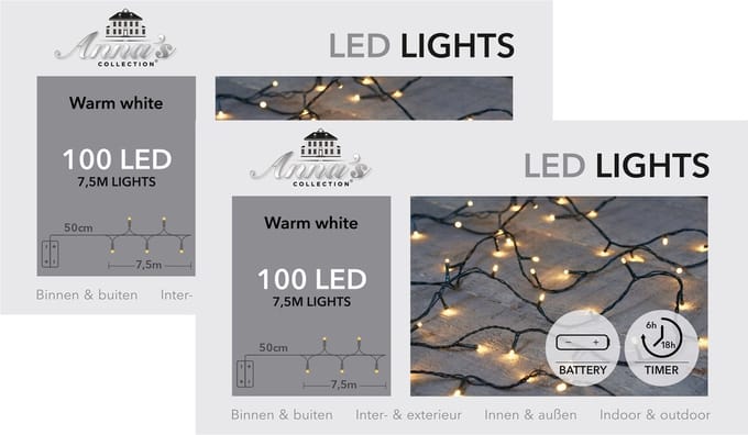 Anna's Collection Kerstverlichting - 2x - warm wit -750 cm - 100 leds - zwart snoer - batterij