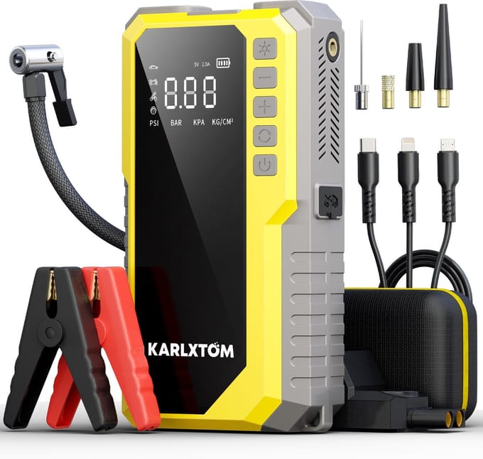 Karlxtom Jumpstarter 12V Multifunctionele 4500A met Luchtpomp - LED-Lamp & Powerbank – Voor Auto - Motor - SUV - Camper