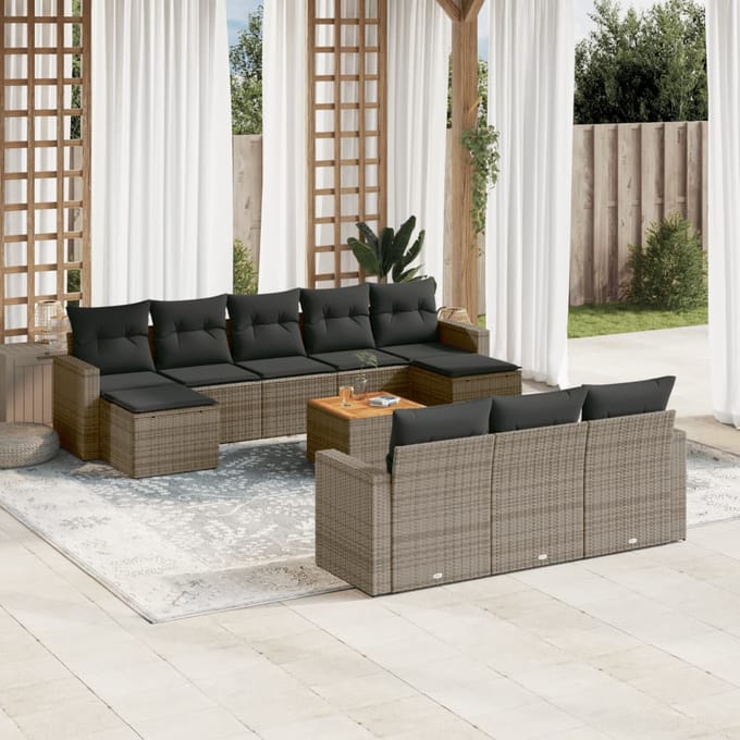 vidaXL - 11-delige - Loungeset - met - kussens - poly - rattan - grijs