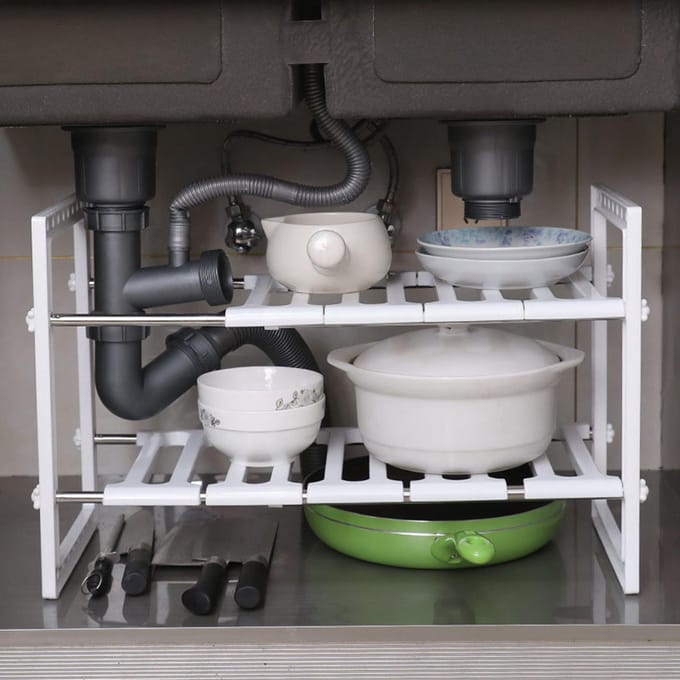 Onder de gootsteen organizer plank uittrekbaar dubbellaags multifunctioneel onder de gootsteen kast opbergplank white