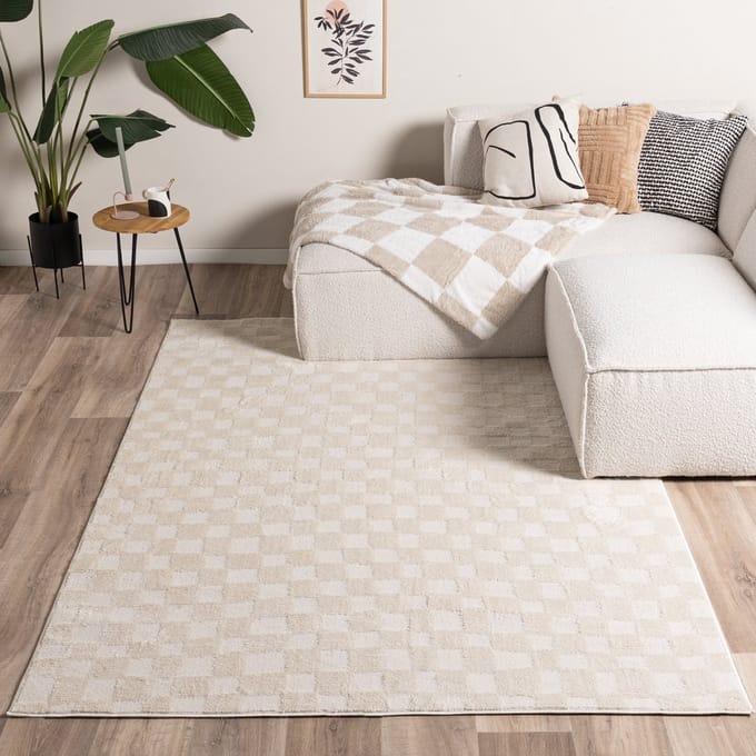 Fraai Japandi vloerkleed - Yori Checkerboard Creme - 80x150cm