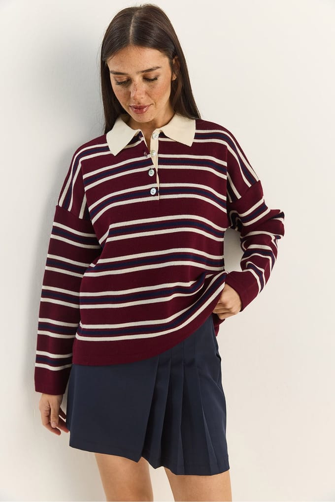 Gestreepte Polokraag Knop Sweater