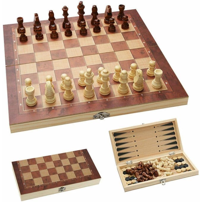 3in1 Groot OPVOUWBAAR HOUTEN SCHAAKSET Bordspel Dammen Backgammon Speelgoed beige