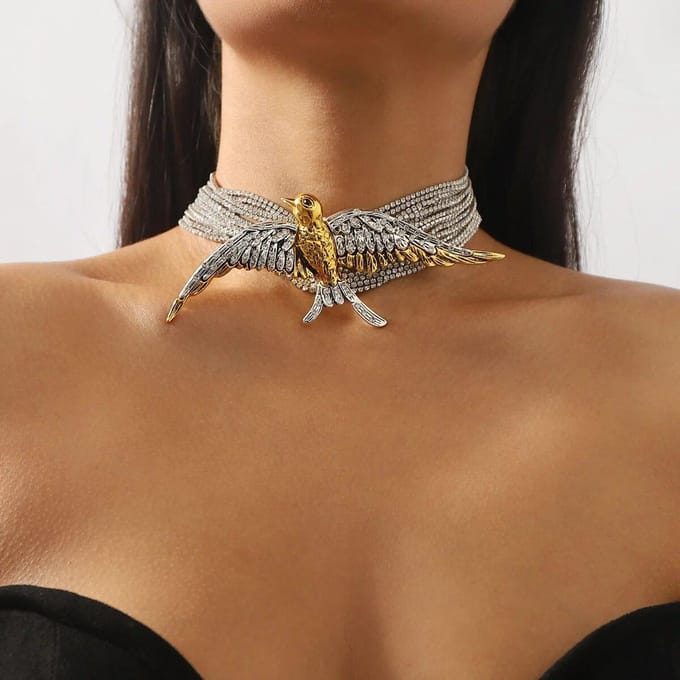 Collier ras du cou vintage multicouche en strass avec hirondelle d'oiseau argenté