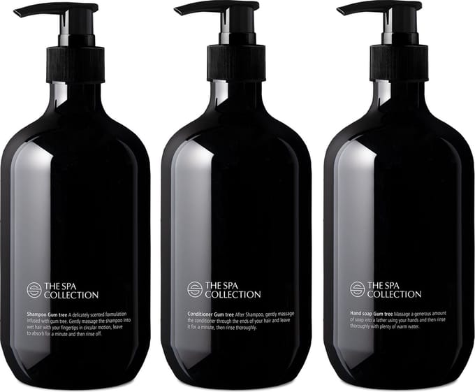 The Spa Collection Gum Tree - Shampoo + Conditioner + Handzeep - 475 ml stijlvolle zwarte pompfles - Set van 3 stuks
