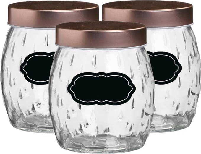 Voorraadpot/bewaarpot Beau - 6x - 1L - glas - koperen deksel - incl. etiketten