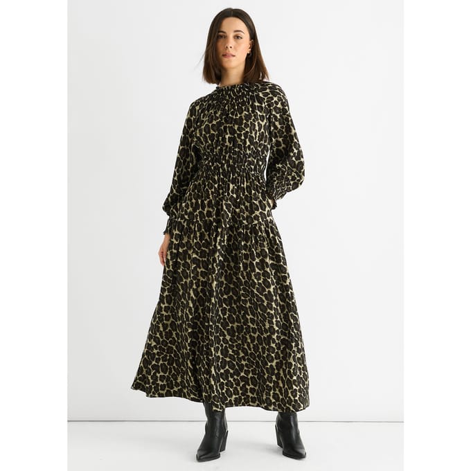Khaki Dierenprint Gekreukte Hoge Hals Maxi-jurk