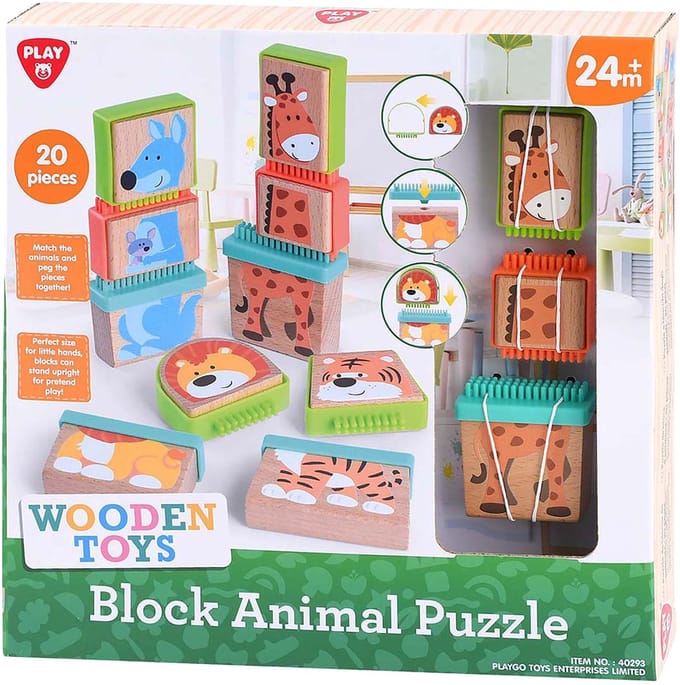 Play houten blokpuzzel dieren - educatief speelgoed 20-delig.