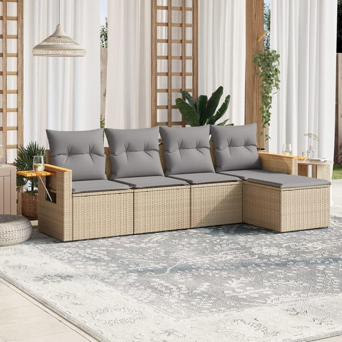 vidaXL - 5-delige - Loungeset - met - kussens - poly - rattan - beige