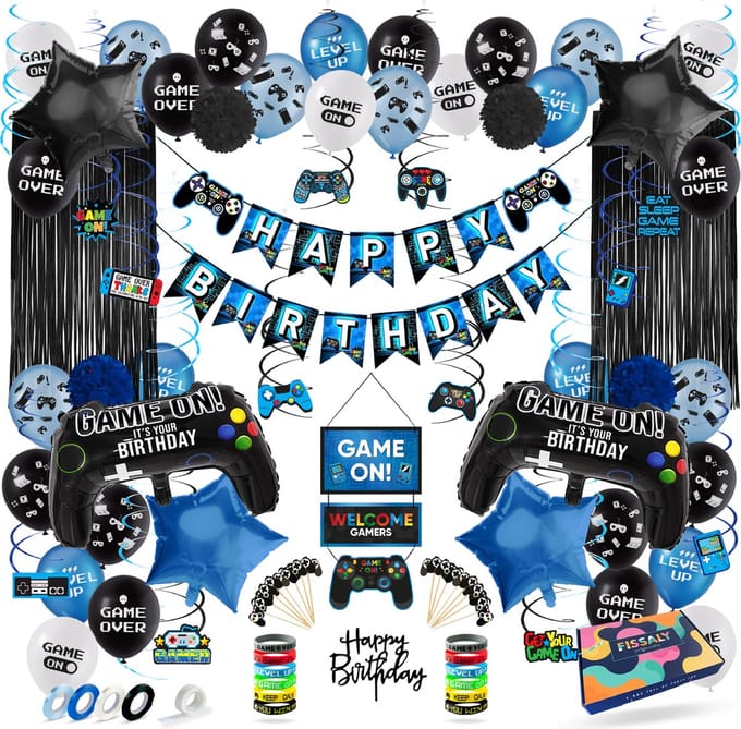 Fissaly 107 Stuks Video Game Verjaardag Versiering Set met Ballonnen - Blauw