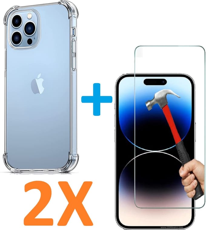 Shock-proof  silicone hoesje met 2 Pack Tempered glas Screen Protector Geschikt voor: iPhone 14 Pro Max