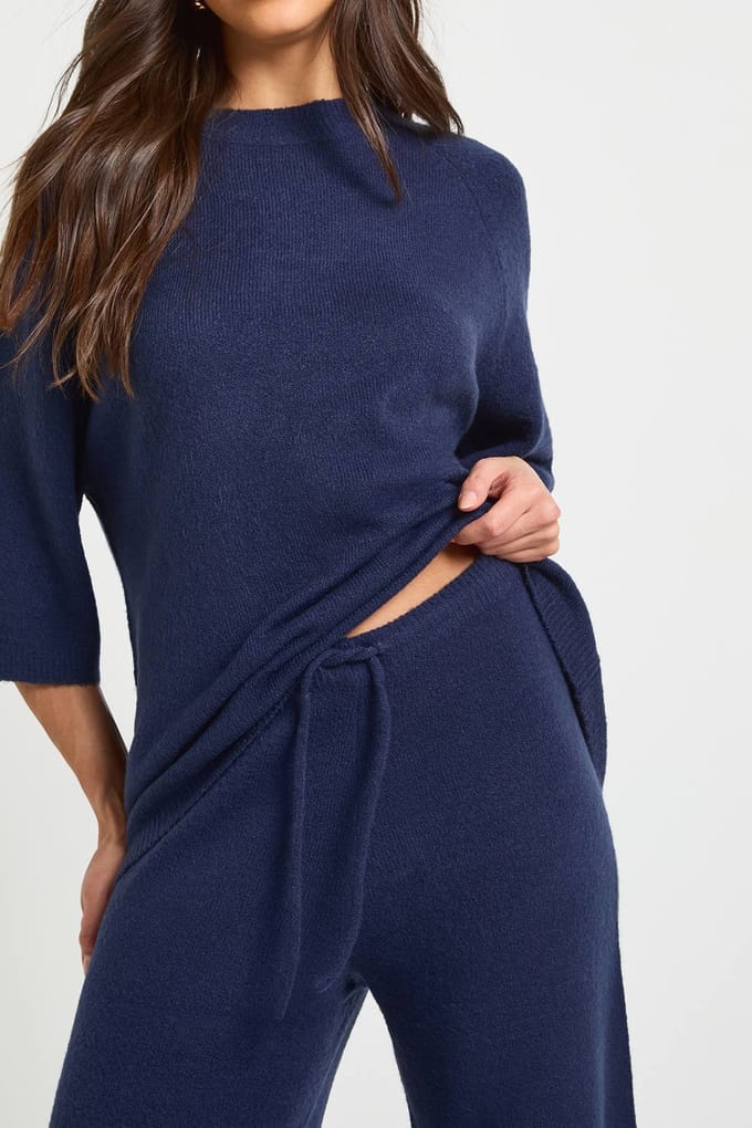boohoo Dames Gebreide Korte Mouwen Top En Broek Set | Navy | Maat: Large