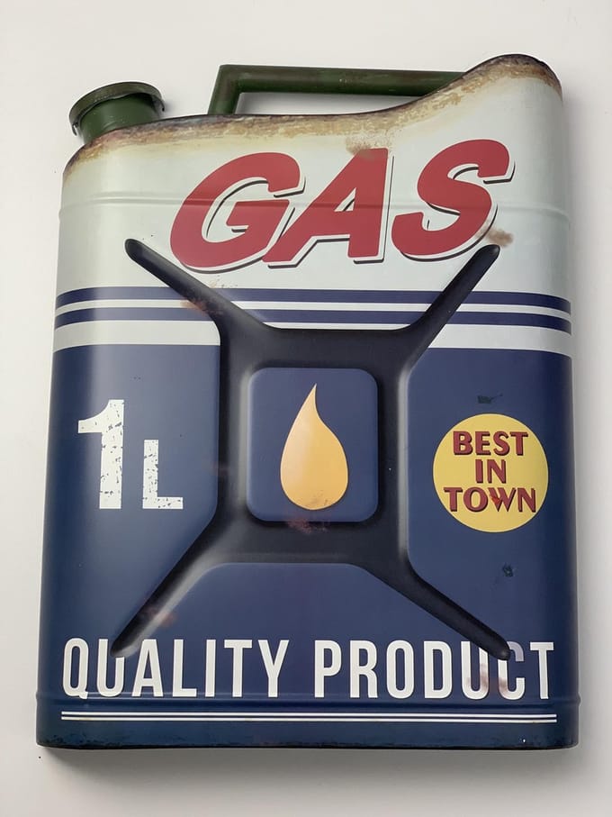 Metalen wandbord "jerrycan gas"