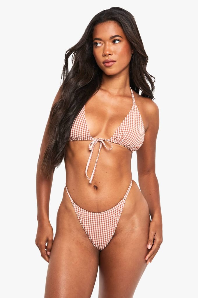 boohoo Dames Seersucker Gingham Tanga Bikini Slip | Chocoladebruin | Maat: 44