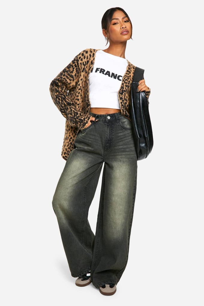 boohoo Dames Gewassen Wide Leg Jean | Washed Black | Maat: 42